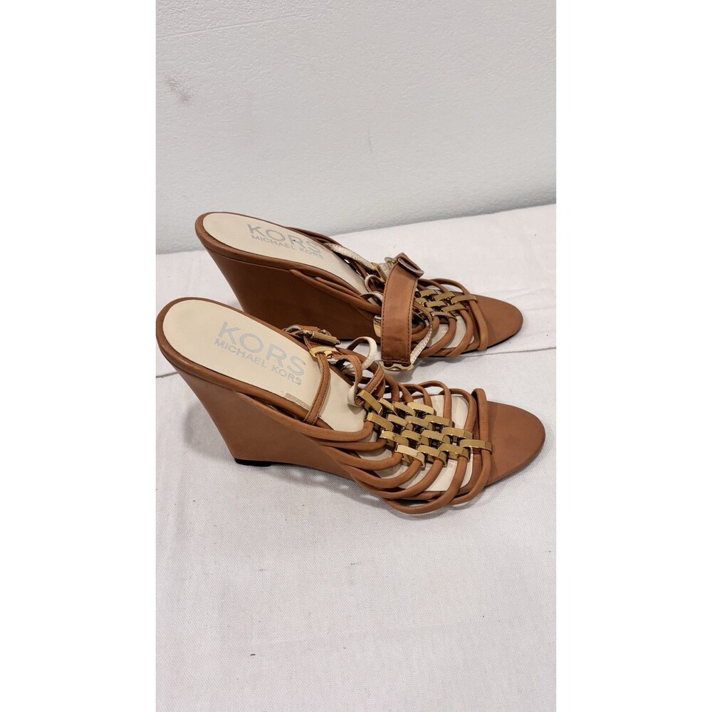 Michael Kors Wedge Sandals Size 8 Brown Leather Strappy Gold Accent Heels - Picture 4 of 11